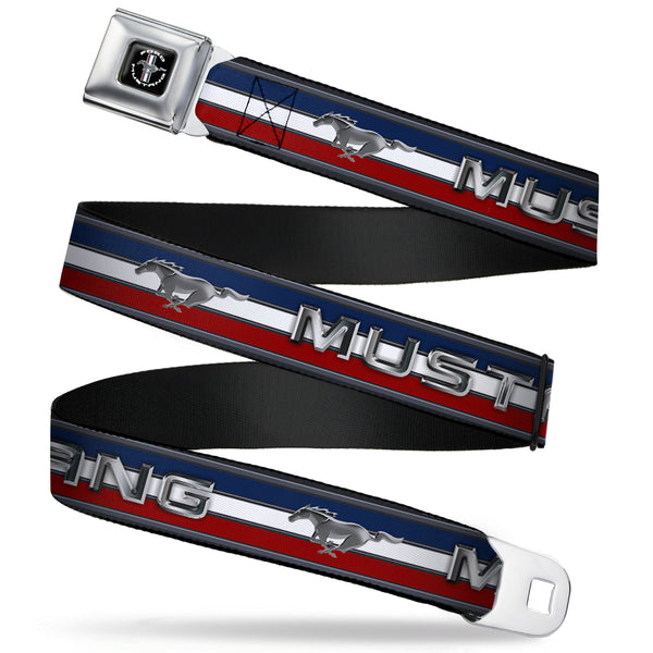 buckle down FORD MUSTANG Tri-Bar Logo Full Color Black White Silver Red Blue Seatbelt Belt - Mustang/Text w/Tri-Bar Stripe Webbing