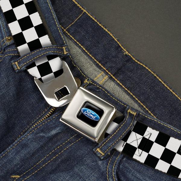 Buckle Down Ford Oval Full Color Black/Blue Seatbelt Belt - Checker Black/White Webbing