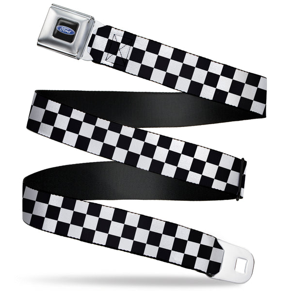 buckle down Ford Oval Full Color Black/Blue Seatbelt Belt - Checker Black/White Webbing