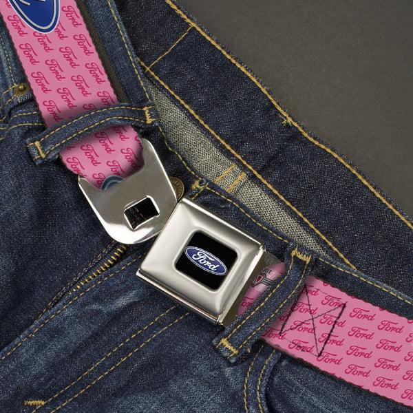 Buckle Down Ford Oval Full Color Black Blue Seatbelt Belt - Ford Oval W/Text PINK REPEAT Webbing