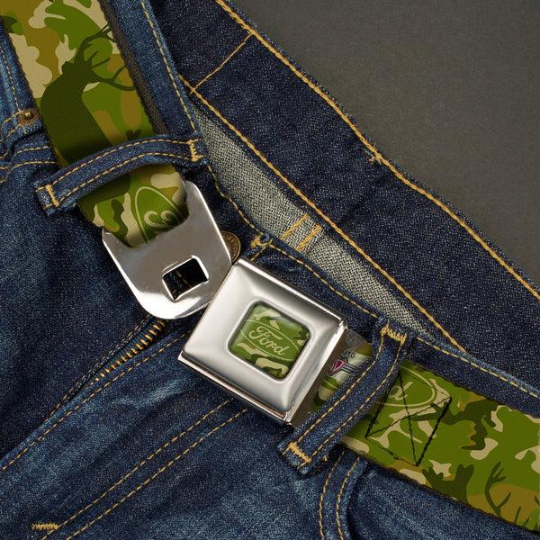 Buckle Down FORD Oval Full Color Deer Hunter Camo Olive Seatbelt Belt - FORD Deer Hunter Camo Olive Webbing