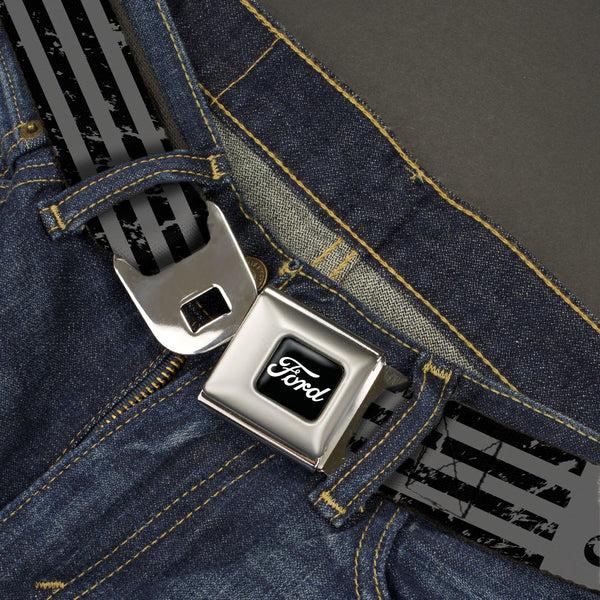 Buckle Down FORD Script Full Color Black/White Seatbelt Belt - FORD Script Stripe Blocks Weathered Gray/Black Webbing