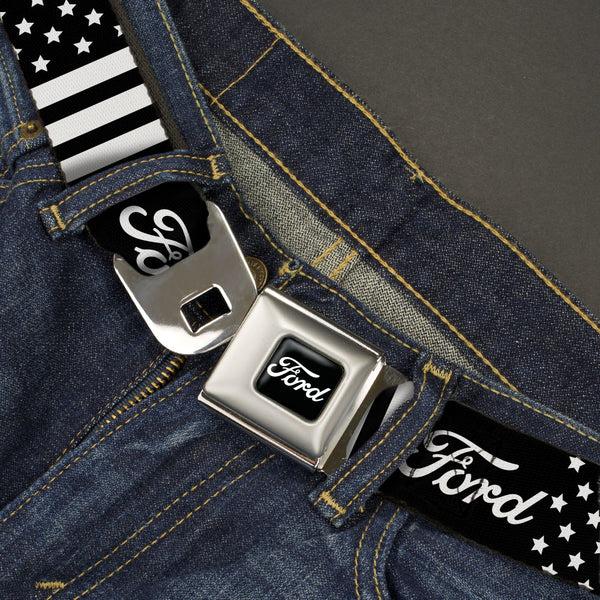 Buckle Down FORD Script Full Color Black/White Seatbelt Belt - FORD Script Americana Stars And Stripes Black/White Webbing