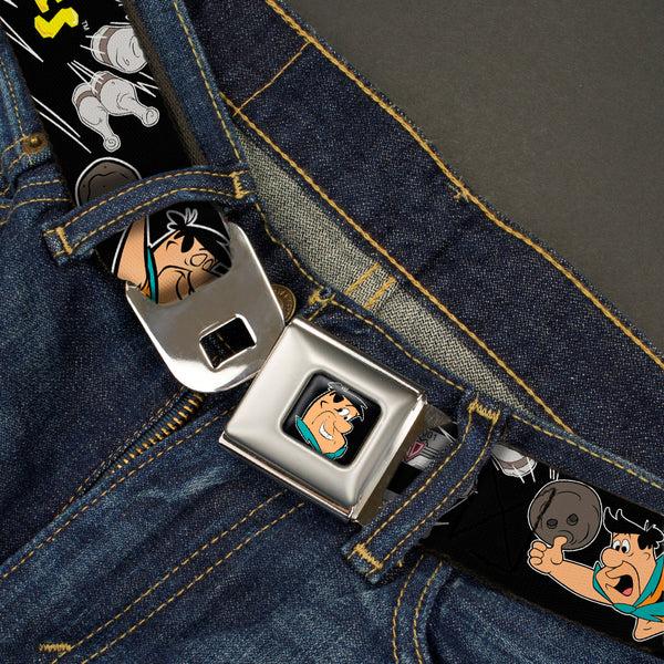 Buckle Down Fred Face Full Color Black Seatbelt Belt - THE FLINTSTONES Fred Bowling Poses/Bowling Pins Black Webbing