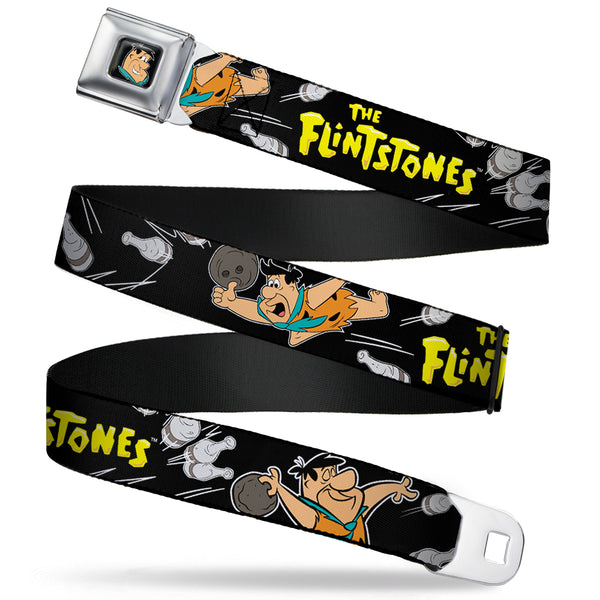 buckle down Fred Face Full Color Black Seatbelt Belt - THE FLINTSTONES Fred Bowling Poses/Bowling Pins Black Webbing