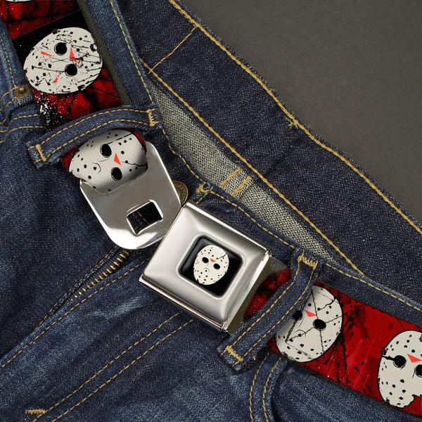 Buckle Down Friday The 13th Hockey Mask Icon Full Color Black Seatbelt Belt - Friday The 13th Hockey Mask Icons Reds Webbing