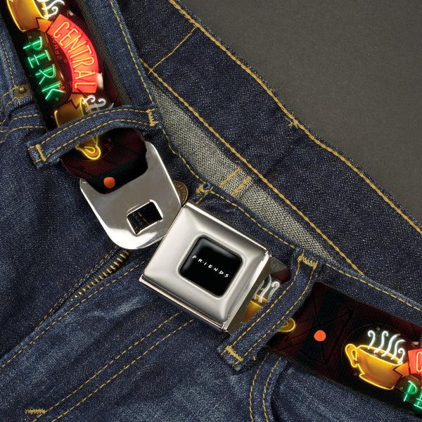 Buckle Down FRIENDS Logo Full Color Black/White/Multi Color Seatbelt Belt - Friends CENTRAL PERK Neon Sign Webbing