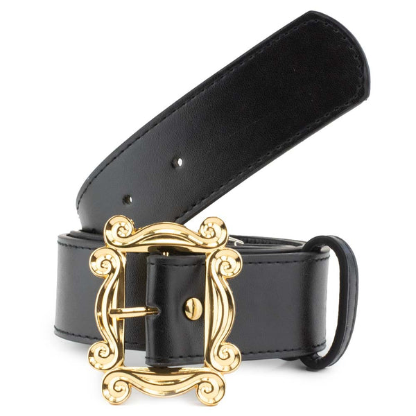 Buckle Down Friends Monica's Peephole Frame Gold Cast Buckle - Black PU Strap Belt