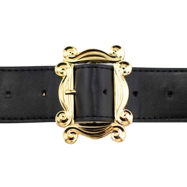 Buckle Down Friends Monica's Peephole Frame Gold Cast Buckle - Black PU Strap Belt