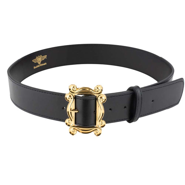 buckle down Friends Monica's Peephole Frame Gold Cast Buckle - Black PU Strap Belt