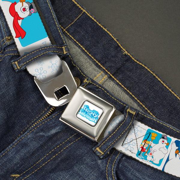 Buckle Down FROSTY THE SNOWMAN Logo Full Color White/Blues Seatbelt Belt - Frosty The Snowman Pose Blocks And Snowflakes White/Blue Webbing