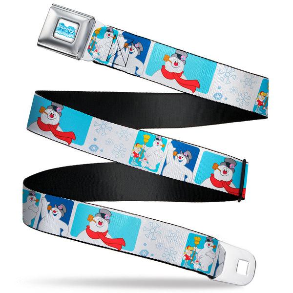 buckle down FROSTY THE SNOWMAN Logo Full Color White/Blues Seatbelt Belt - Frosty the Snowman Pose Blocks and Snowflakes White/Blue Webbing