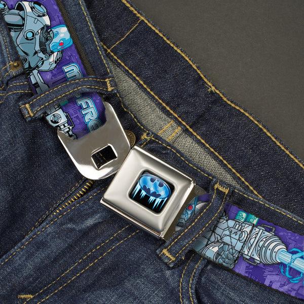 Buckle Down Frozen Batman Shield Full Color Black Blues Seatbelt Belt - MR. FREEZE Poses/Frozen Batman Shield Purples/Blues Webbing