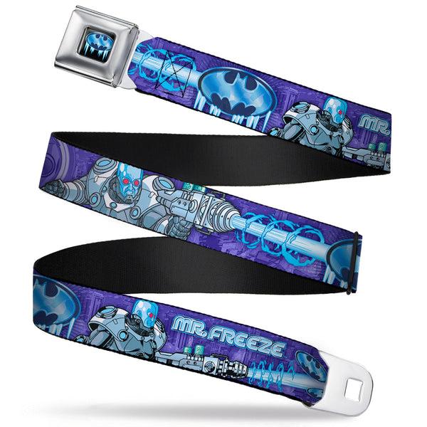 buckle down Frozen Batman Shield Full Color Black Blues Seatbelt Belt - MR. FREEZE Poses/Frozen Batman Shield Purples/Blues Webbing