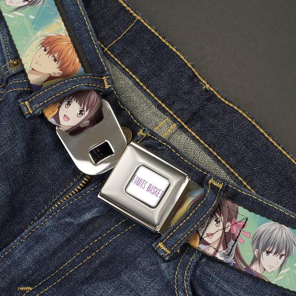 Buckle Down FRUITS BASKET Title Logo Full Color White/Purple Seatbelt Belt - Fruits Basket Kyo Tohru Yuki Group Pose Greens/Blues Webbing