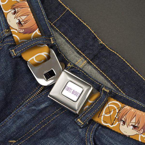 Buckle Down FRUITS BASKET Title Logo Full Color White/Purple Seatbelt Belt - Fruits Basket Chibi Kyo Soma Face And Kimono Cat Icon Orange/White Webbing