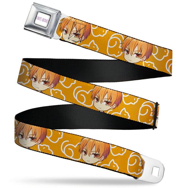 buckle down FRUITS BASKET Title Logo Full Color White/Purple Seatbelt Belt - Fruits Basket Chibi Kyo Soma Face and Kimono Cat Icon Orange/White Webbing