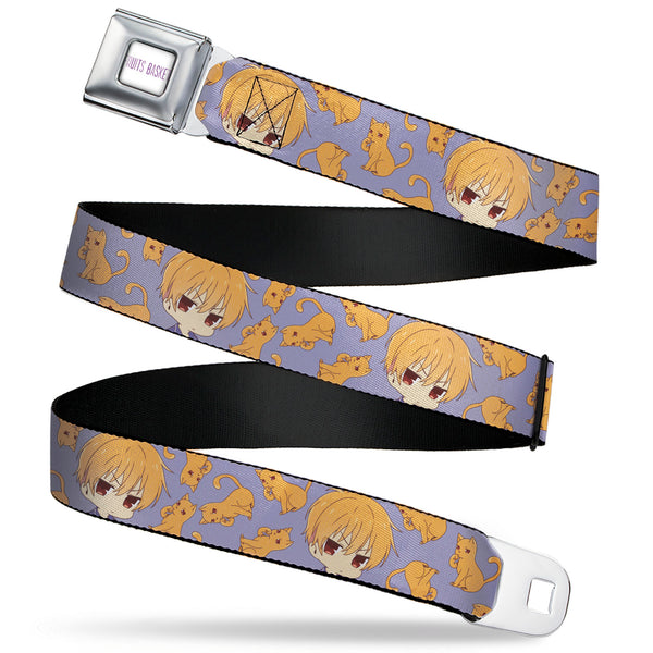 buckle down FRUITS BASKET Title Logo Full Color White/Purple Seatbelt Belt - Fruits Basket Chibi Kyo Soma and Cat Scattered Blue/Orange Webbing