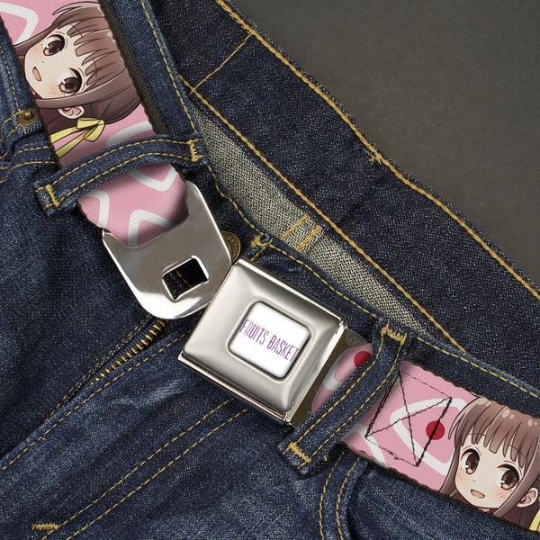 Buckle Down FRUITS BASKET Title Logo Full Color White/Purple Seatbelt Belt - Fruits Basket Chibi Tohru Honda Face And Kimono Rice Ball Icon Pink/White/Red Webbing
