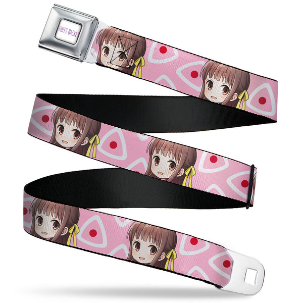 buckle down FRUITS BASKET Title Logo Full Color White/Purple Seatbelt Belt - Fruits Basket Chibi Tohru Honda Face and Kimono Rice Ball Icon Pink/White/Red Webbing