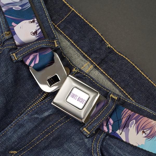 Buckle Down FRUITS BASKET Title Logo Full Color White/Purple Seatbelt Belt - Fruits Basket Yuki Tohru Kyo Final Season Group Pose Blues Webbing