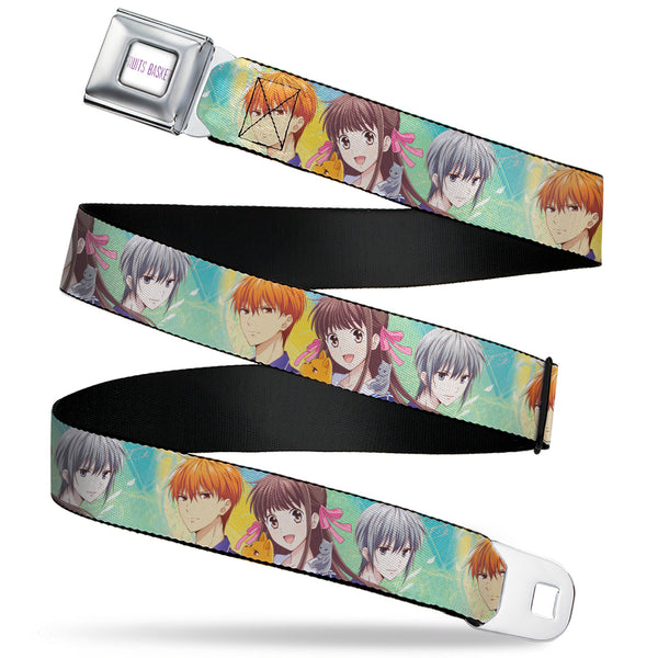 buckle down FRUITS BASKET Title Logo Full Color White/Purple Seatbelt Belt - Fruits Basket Kyo Tohru Yuki Group Pose Greens/Blues Webbing