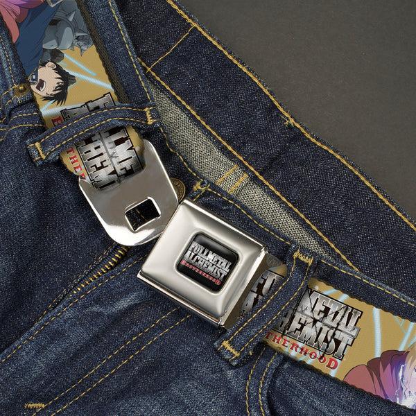 Buckle Down FULLMETAL ALCHEMIST BROTHERHOOD Title Logo Full Color Black Seatbelt Belt - Fullmetal Alchemist Brotherhood Elric Brothers And Roy Mustang Pose Yellows Webbing