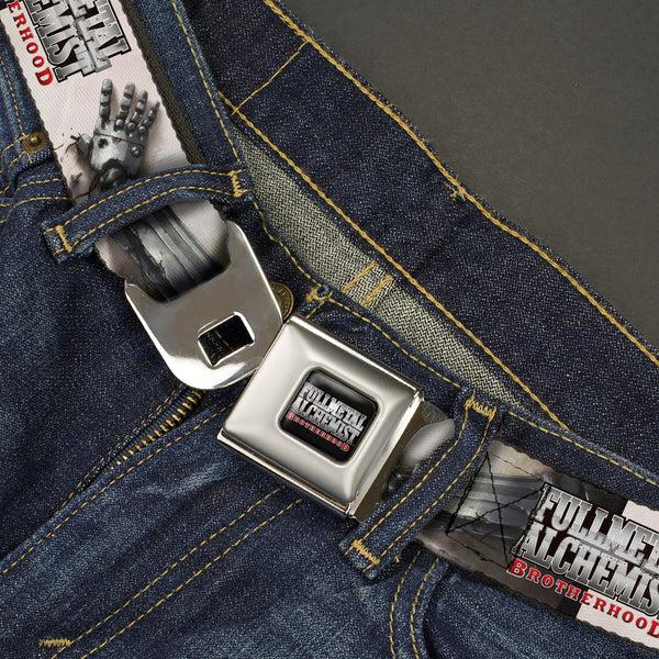 Buckle Down FULLMETAL ALCHEMIST BROTHERHOOD Title Logo Full Color Black Seatbelt Belt - FULLMETAL ALCHEMIST BROTHERHOOD Edward Elrics Automail Arm Tan Webbing