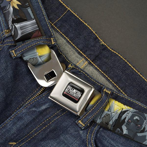 Buckle Down FULLMETAL ALCHEMIST BROTHERHOOD Title Logo Full Color Black Seatbelt Belt - Fullmetal Alchemist Brotherhood Elric Brothers Pose Blocks Webbing