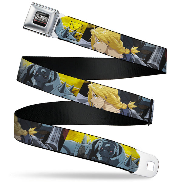 buckle down FULLMETAL ALCHEMIST BROTHERHOOD Title Logo Full Color Black Seatbelt Belt - Fullmetal Alchemist Brotherhood Elric Brothers Pose Blocks Webbing