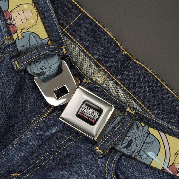 Buckle Down FULLMETAL ALCHEMIST BROTHERHOOD Title Logo Full Color Black Seatbelt Belt - Fullmetal Alchemist Brotherhood Chibi Elric Brothers Pose Yellow Webbing