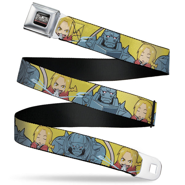 buckle down FULLMETAL ALCHEMIST BROTHERHOOD Title Logo Full Color Black Seatbelt Belt - Fullmetal Alchemist Brotherhood Chibi Elric Brothers Pose Yellow Webbing