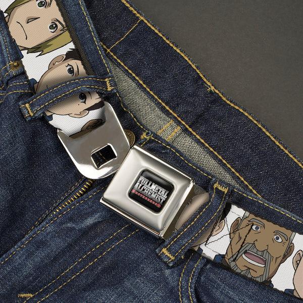 Buckle Down FULLMETAL ALCHEMIST BROTHERHOOD Title Logo Full Color Black Seatbelt Belt - Fullmetal Alchemist Brotherhood Central Forces Military Personnel Faces White Webbing