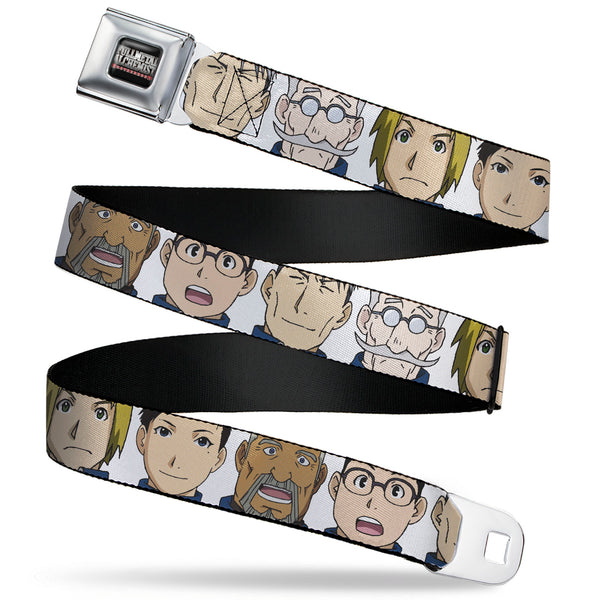 buckle down FULLMETAL ALCHEMIST BROTHERHOOD Title Logo Full Color Black Seatbelt Belt - Fullmetal Alchemist Brotherhood Central Forces Military Personnel Faces White Webbing
