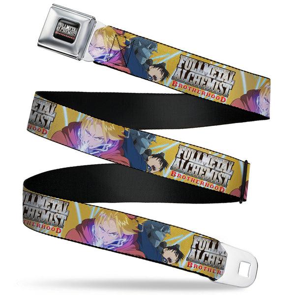 buckle down FULLMETAL ALCHEMIST BROTHERHOOD Title Logo Full Color Black Seatbelt Belt - Fullmetal Alchemist Brotherhood Elric Brothers and Roy Mustang Pose Yellows Webbing