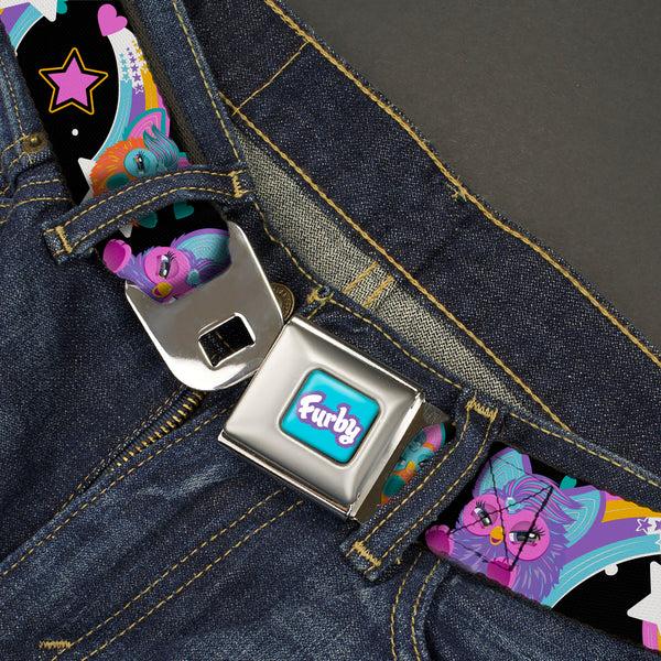 Buckle Down FURBY Title Logo Full Color Teal/Lavender/White Seatbelt Belt - Furby Orange And Purple Jumping Rainbow Slide Black/Multi Color Webbing