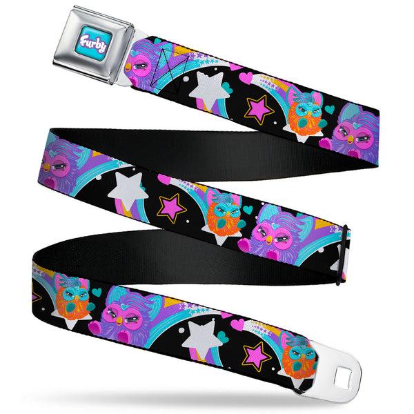 buckle down FURBY Title Logo Full Color Teal/Lavender/White Seatbelt Belt - Furby Orange and Purple Jumping Rainbow Slide Black/Multi Color Webbing