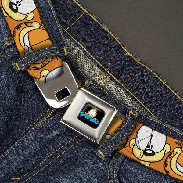 Buckle Down GARFIELD Pose Title Logo Full Color Black Seatbelt Belt - Garfield And Odie Faces Close-Up Orange Webbing