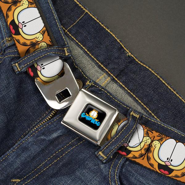 Buckle Down GARFIELD Pose Title Logo Full Color Black Seatbelt Belt - Garfield Smiling Expression Close-Up Orange Webbing