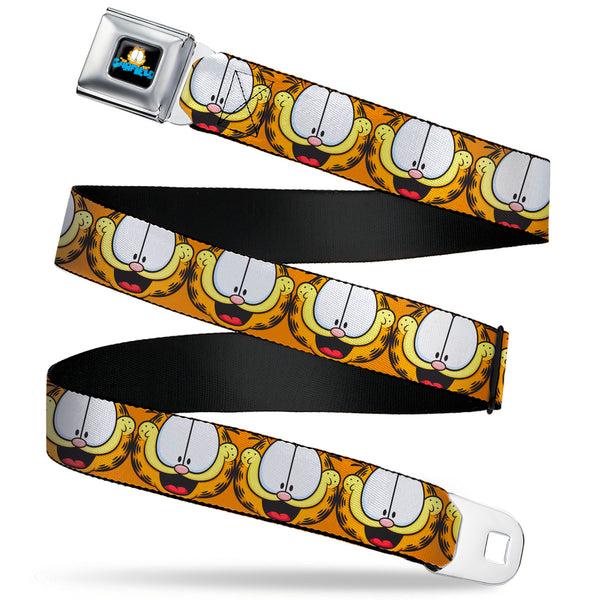 buckle down GARFIELD Pose Title Logo Full Color Black Seatbelt Belt - Garfield Smiling Expression Close-Up Orange Webbing