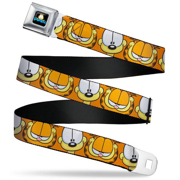 buckle down GARFIELD Pose Title Logo Full Color Black Seatbelt Belt - Garfield and Odie Faces Close-Up Orange Webbing