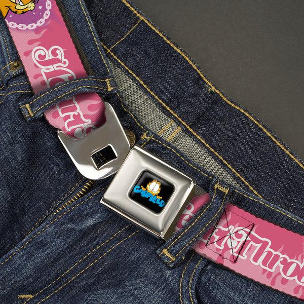 Buckle Down Garfield Smiling Face And Text Logo Full Color Black Seatbelt Belt - Garfield HEART THROB Flames Pose Valentine Pinks Webbing