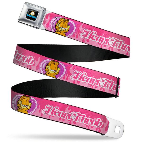 buckle down Garfield Smiling Face and Text Logo Full Color Black Seatbelt Belt - Garfield HEART THROB Flames Pose Valentine Pinks Webbing