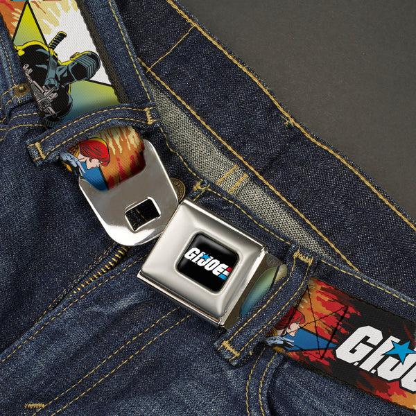 Buckle Down GI JOE Title Logo Stripe Full Color Black/Red/White/Blue Seatbelt Belt - GI JOE Storm Shadow Snake Eyes And Scarlett Comic Cover Poses Explosion Webbing
