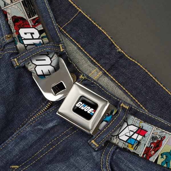 Buckle Down GI JOE Title Logo Stripe Full Color Black/Red/White/Blue Seatbelt Belt - GI JOE Title Logo And Comic Scene Blocks Webbing