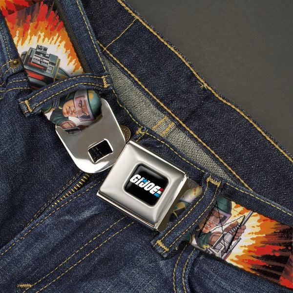 Buckle Down GI JOE Title Logo Stripe Full Color Black/Red/White/Blue Seatbelt Belt - GI Joe Retro Footloose Flash Air Tight Character File Card Explosion Poses Webbing