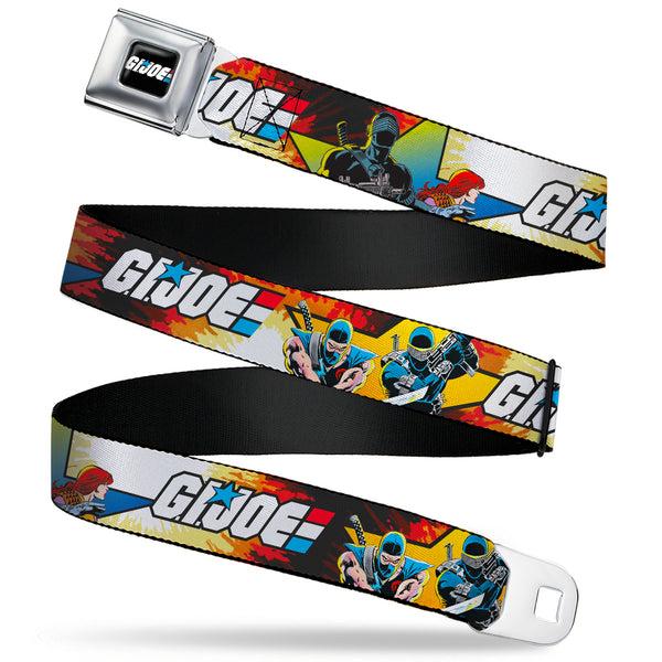 buckle down GI JOE Title Logo Stripe Full Color Black/Red/White/Blue Seatbelt Belt - GI JOE Storm Shadow Snake Eyes and Scarlett Comic Cover Poses Explosion Webbing