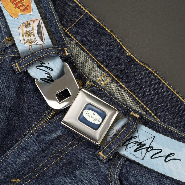 Buckle Down GILMORE GIRLS Title Logo Full Color Blue/White Seatbelt Belt - GILMORE GIRLS Luke's Coffee Shop Icons And Script Blue Webbing