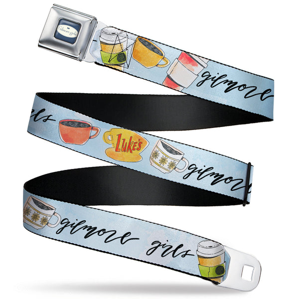buckle down GILMORE GIRLS Title Logo Full Color Blue/White Seatbelt Belt - GILMORE GIRLS Luke's Coffee Shop Icons and Script Blue Webbing