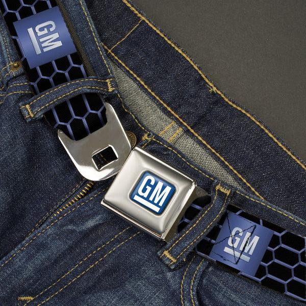 Buckle Down GM Bug Logo Full Color Blue Gradient/White Seatbelt Belt - GM Bug Logo Honeycomb Grill Black/Blues/White Webbing
